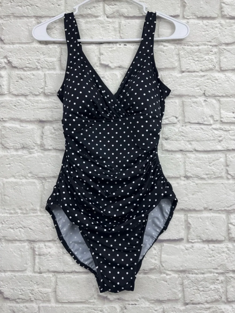 TRIMSHAPER Swim Shaper One Piece Swimsuit Size 10 Black Polka Dot Slimming Retro